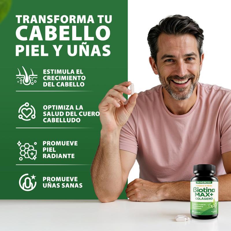 Windboss Max+ Biotina Colágeno – Cabello grueso y brillante | Piel hidratada y suave | Fórmula nutritiva para el cabello, la piel y las uñas – 1000 µg – 60 cápsulas