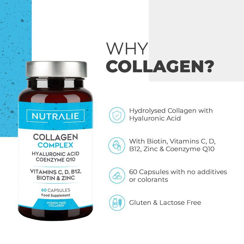 "Colágeno con Ácido Hialurónico y Q10 - Colágeno Hidrolizado Puro con Vitaminas C A D B12 + Zinc - 60 cápsulas Nutralie "