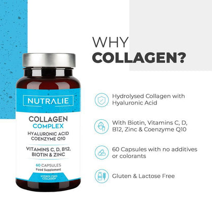 "Colágeno con Ácido Hialurónico y Q10 - Colágeno Hidrolizado Puro con Vitaminas C A D B12 + Zinc - 60 cápsulas Nutralie "