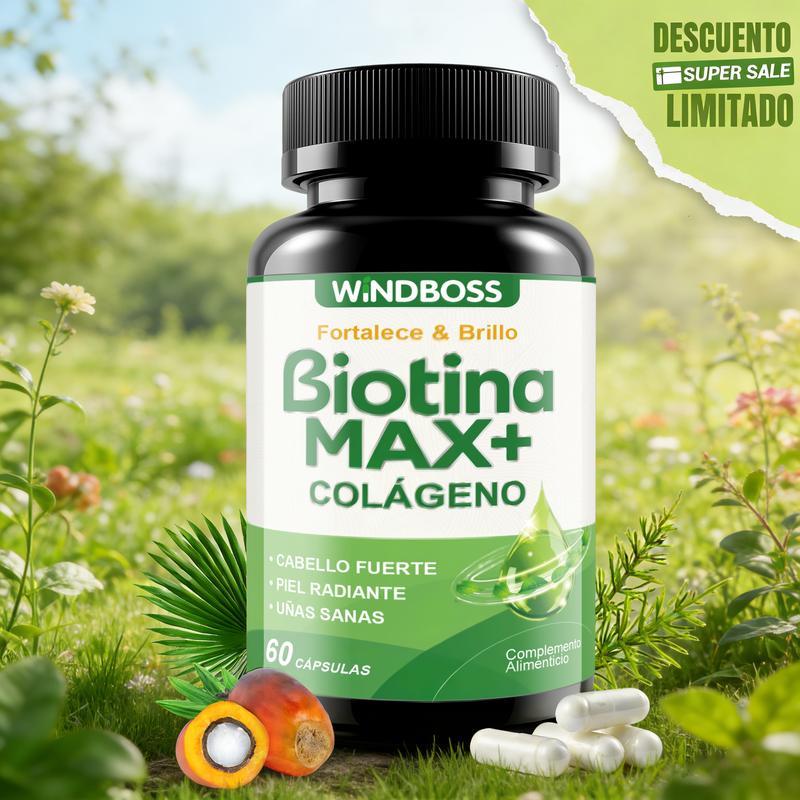 Windboss Max+ Biotina Colágeno – Cabello grueso y brillante | Piel hidratada y suave | Fórmula nutritiva para el cabello, la piel y las uñas – 1000 µg – 60 cápsulas