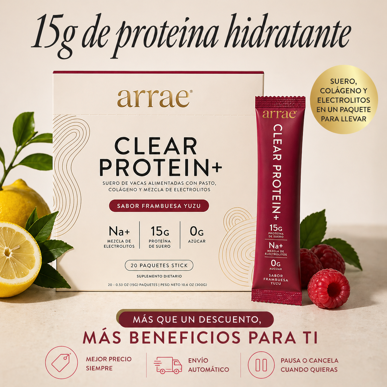 Clear Protein+ Whey Collagen Electrolyte Blend, Raspberry Yuzu Flavor, 14 Sticks