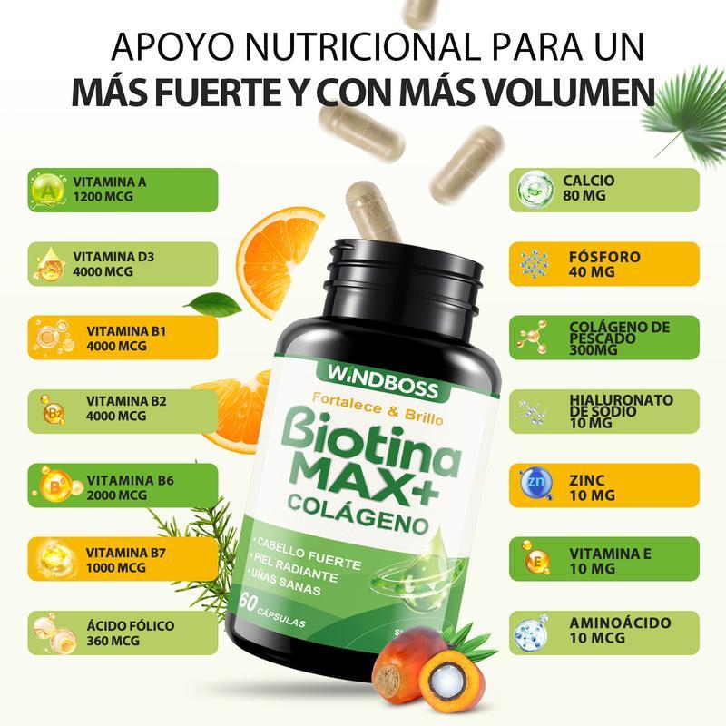 Windboss Max+ Biotina Colágeno – Cabello grueso y brillante | Piel hidratada y suave | Fórmula nutritiva para el cabello, la piel y las uñas – 1000 µg – 60 cápsulas