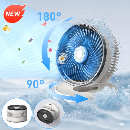 XH04 Portable Table Fan, 4000Mah Battery, 90° Auto Oscillation, Foldable, Hanging & Desktop Dual Use, with Aromatherapy Box, 4 Adjustable Speeds, No-Drill Hanging Hook