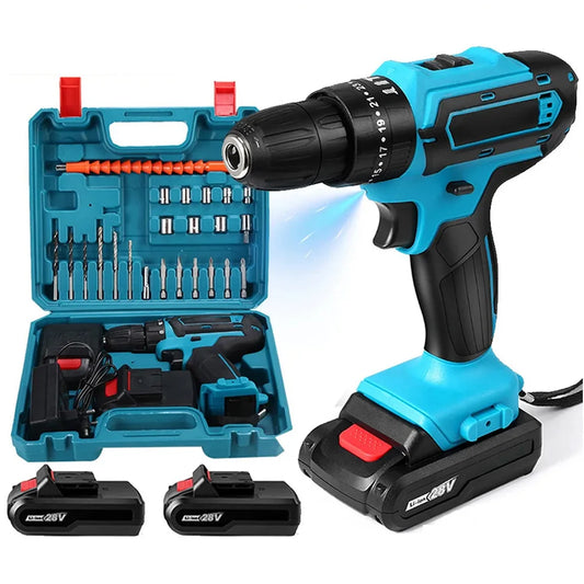 28V Cordless Impact Drill High Power Recharged Electric Screwdriver Electric Hammer Drill Tools With 2 Batteries
