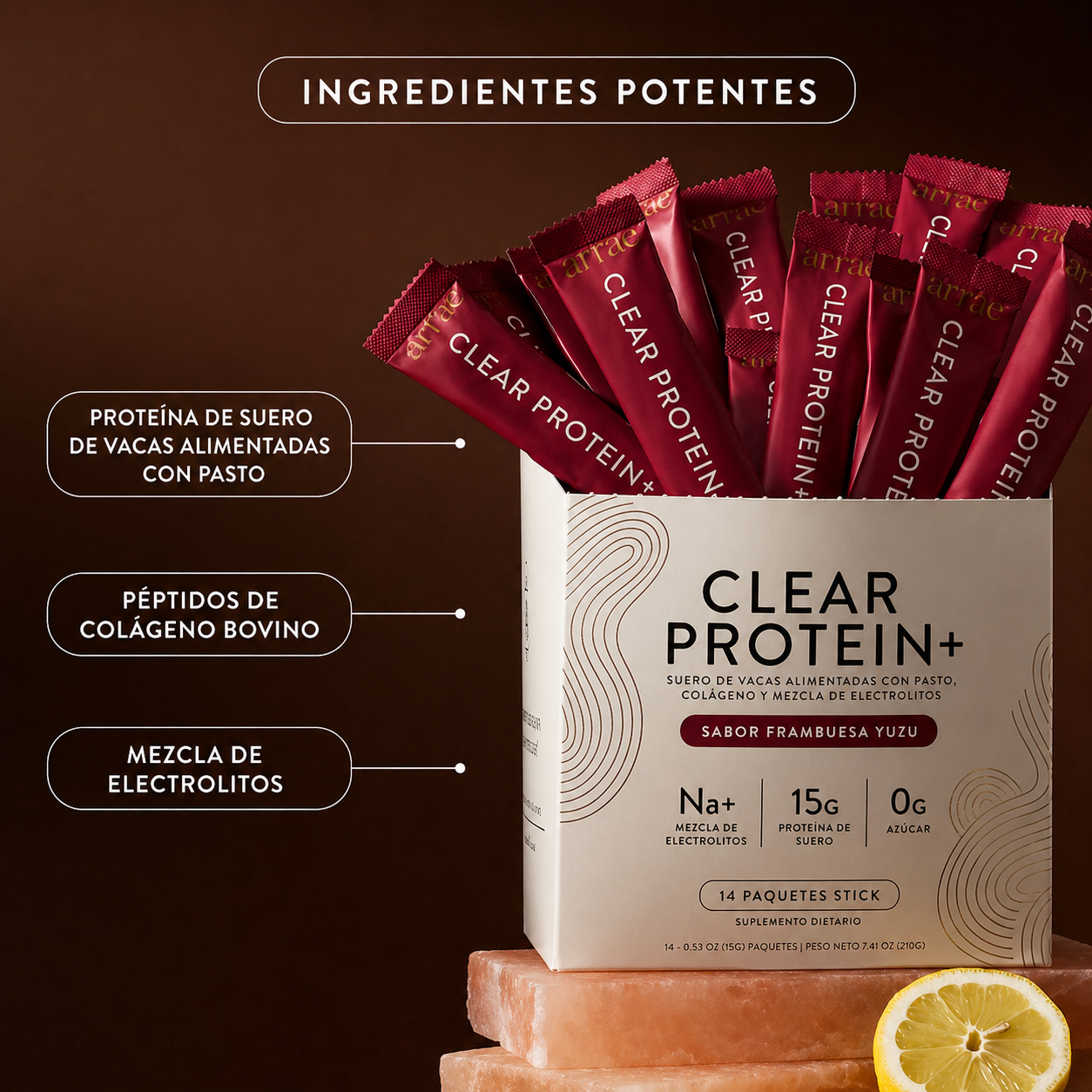 Clear Protein+ Whey Collagen Electrolyte Blend, Raspberry Yuzu Flavor, 14 Sticks