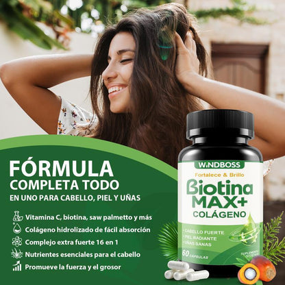 Windboss Max+ Biotina Colágeno – Cabello grueso y brillante | Piel hidratada y suave | Fórmula nutritiva para el cabello, la piel y las uñas – 1000 µg – 60 cápsulas