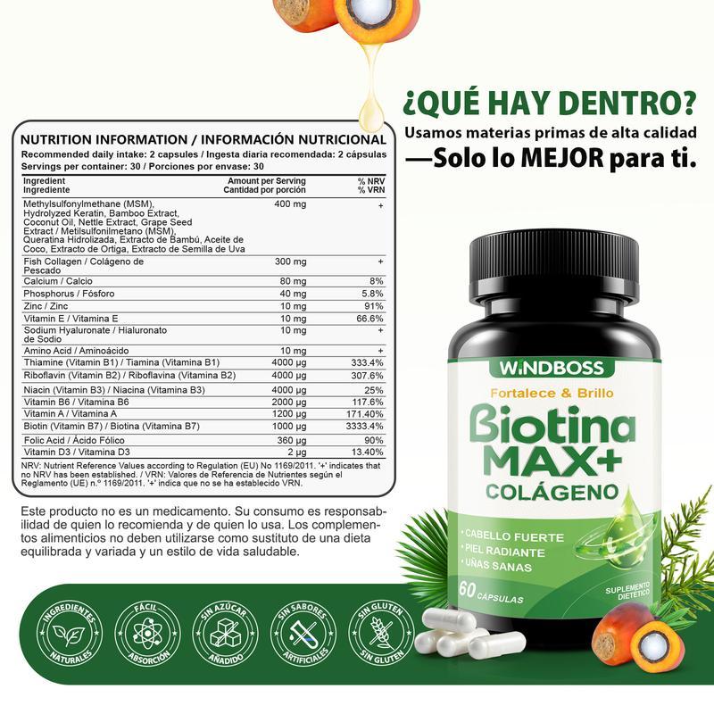 Windboss Max+ Biotina Colágeno – Cabello grueso y brillante | Piel hidratada y suave | Fórmula nutritiva para el cabello, la piel y las uñas – 1000 µg – 60 cápsulas