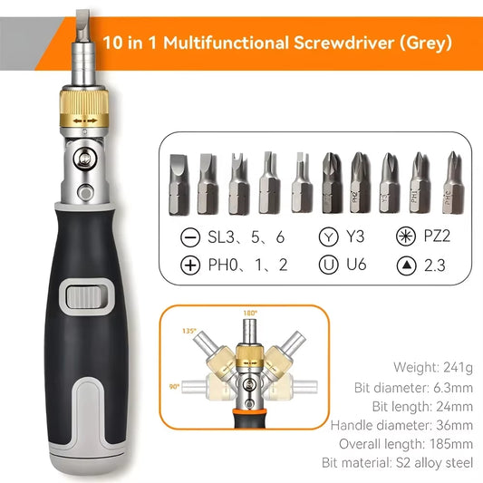 10-in-1 Multi-Angle Bidirectional Ratchet Screwdriver with Adjustable Angle and Hidden Bit Magazine - Portable Multifunctional Repair Tool